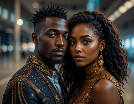 Fashionable african american man and woman posing together in the cityの素材