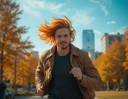 Young man with red hair running in the autumn park on a sunny day.の素材