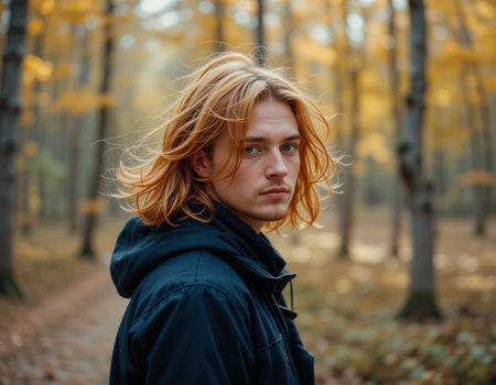 Portrait of a young man with red hair in the autumn parkの素材