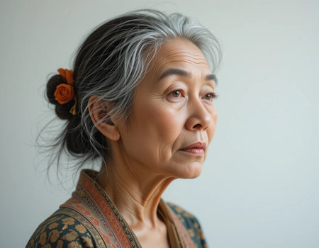 Portrait of a senior Asian woman with gray hair and frecklesの素材