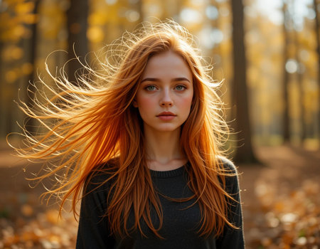 Portrait of a beautiful young redhead woman in the autumn parkの素材