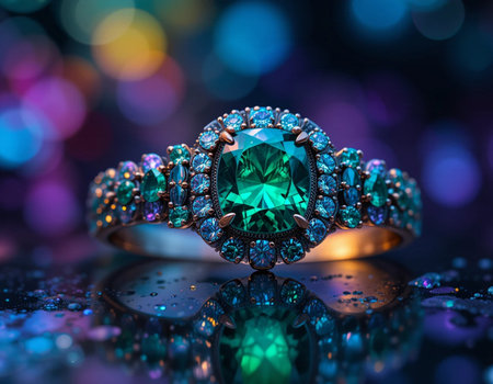 Jewelry ring with emerald on bokeh background.の素材