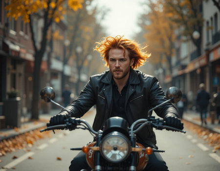 Handsome redhead man in black leather jacket sitting on motorcycle and looking at camera.の素材