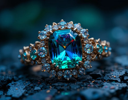 jewelry ring with blue sapphire on a dark backgroundの素材