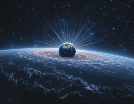 Planet earth in space with sun rays and stars. 3D renderingの素材