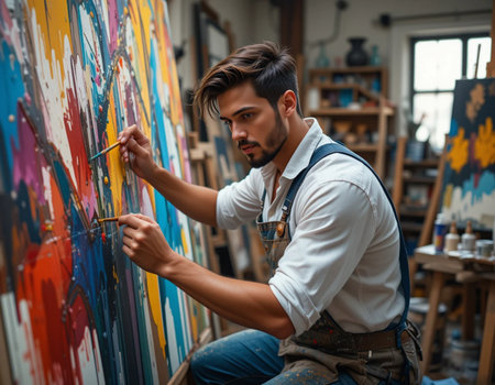 Portrait of a young male artist painting on canvas in his studioの素材