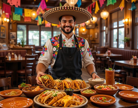 Mexican man in traditional Mexican sombrero holding burrito and tacosの素材