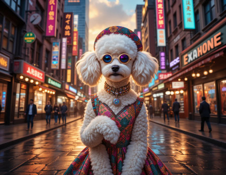 A dog dressed as a poodle walks on a street in Hong Kong.の素材