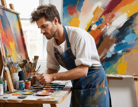 Portrait of a male artist painting on canvas in his studio.の素材