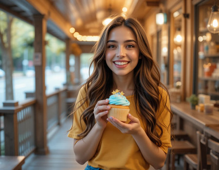happy young woman holding cupcake and smiling at camera in coffee shopの素材