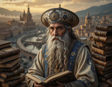 Portrait of the wise man with old book in Rome, Italyの素材