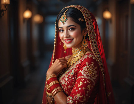 Portrait of a beautiful Indian woman in red saree.の素材