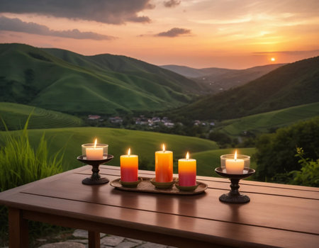 Candles on table in front of green hills in Tuscany, Italyの素材