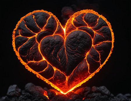 Burning heart in the shape of a heart on a black backgroundの素材