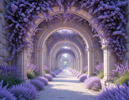 Lavender tunnel in lavender garden. 3D render.の素材