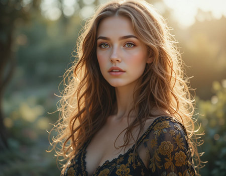 Portrait of a beautiful girl with long hair in a black dress on the background of the setting sun.の素材