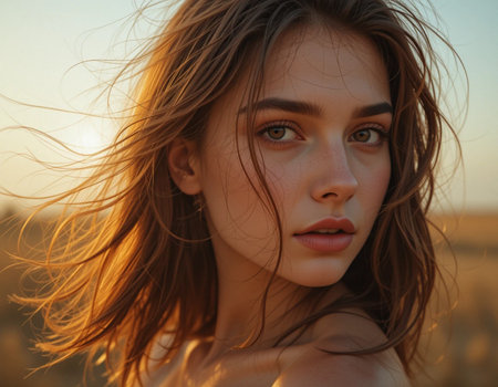 Portrait of a beautiful young woman with flying hair at sunset.の素材