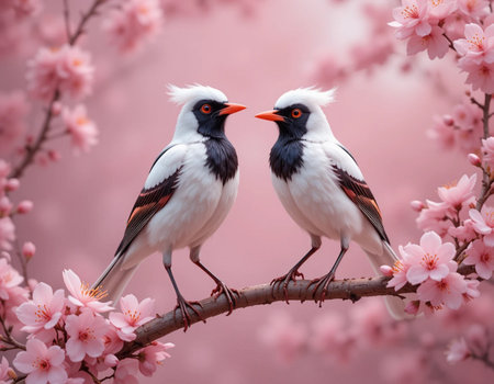 Two Red-crowned Bulbul birds on cherry blossom backgroundの素材