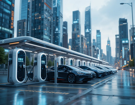 Charging station for electric cars in Shanghai, China at night.の素材