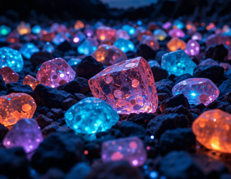 Colorful crystals on the ground at night. Selective focus.の素材