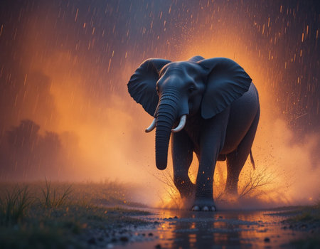 Elephant walking in the rain on a rainy day. 3d renderingの素材