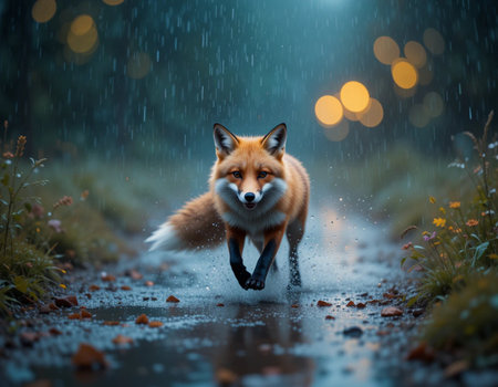 Red fox running in the rain at night. Animal in nature.の素材