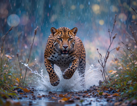 Leopard running in rain in Kruger National Park, South Africa; Specie Panthera pardus family of Felidaeの素材