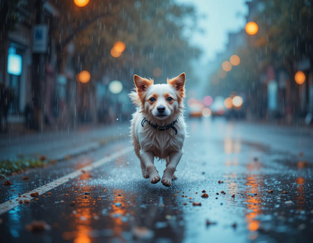 Cute dog running in the rain on the street at night.の素材