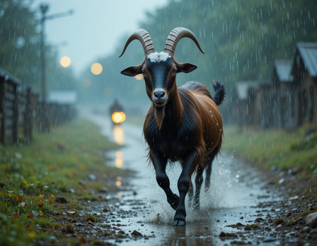 goat running in the rain on the road at night, portraitの素材