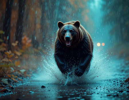Wild brown bear running in rain forest at night. Dangerous animal.の素材