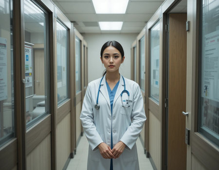 Portrait of Asian female doctor standing in corridor at hospital. Medical and healthcare concept.の素材