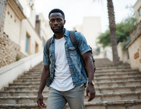 Handsome african american man in casual clothes with backpack walking on the streetの素材