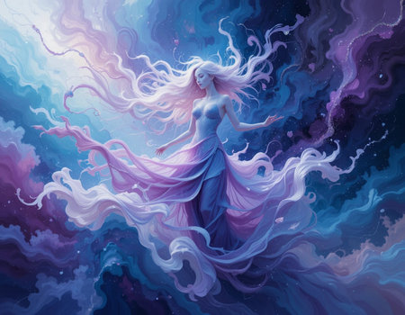 Beautiful mermaid with long hair in fantasy space. Fantasy illustration.の素材