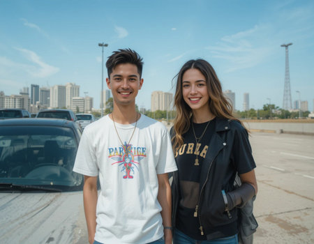 Portrait of a young Asian couple dating in the city.の素材