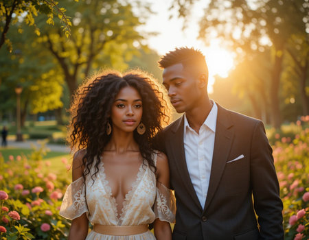 Beautiful african american bride and groom in the park.の素材