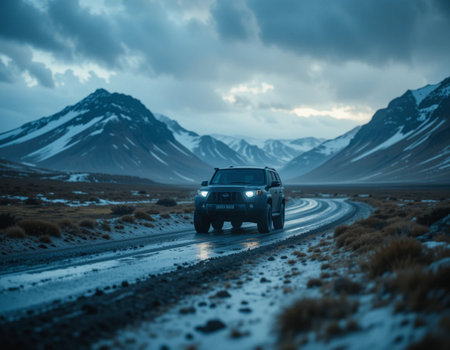 Icelandic landscape with a car driving along the road in winterの素材