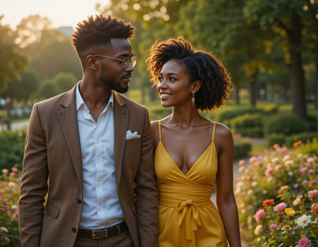 Beautiful African American couple in the park at sunset.の素材