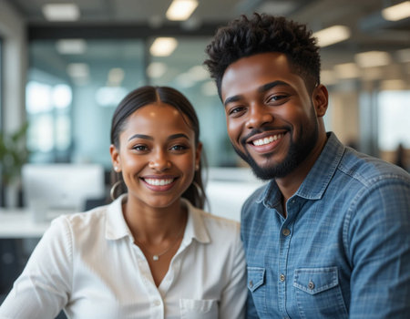 Portrait of smiling African American businesswoman with colleague in officeの素材