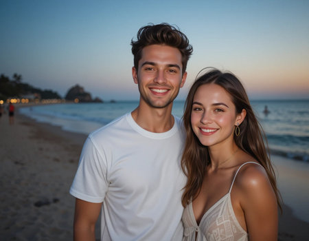 Portrait of a happy young couple standing on the beach at sunsetの素材