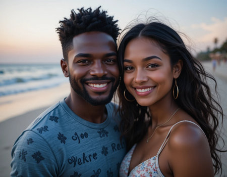 Portrait of happy African American couple on the beach at sunsetの素材