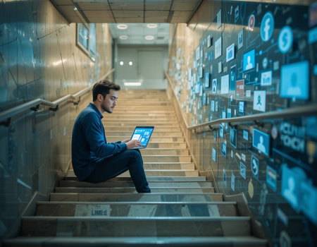 Portrait of young businessman using digital tablet while sitting on stairs in officeの素材