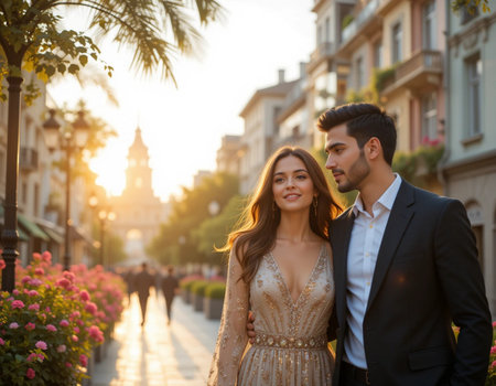 Beautiful young couple, bride and groom, walking in the city at sunsetの素材