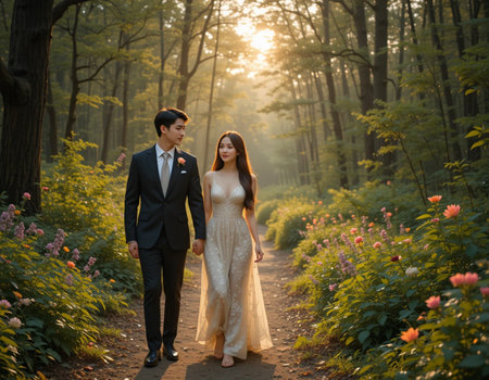 Wedding couple walking in the forest. Bride and groom.の素材