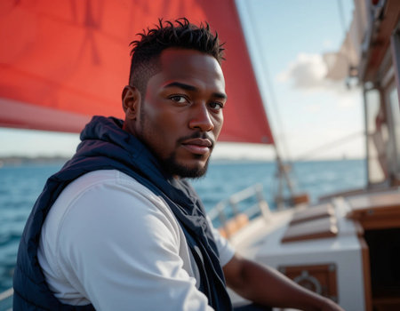 Handsome african american man in a white T-shirt and black jacket on a yachtの素材