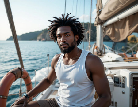 Handsome african american man with dreadlocks posing on yachtの素材
