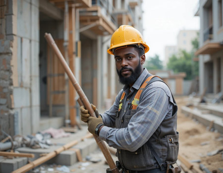 Portrait of an African-American construction worker on a building siteの素材