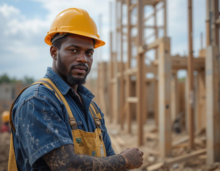 Portrait of african american male construction worker on construction siteの素材