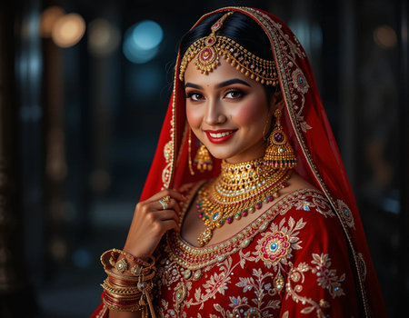 Portrait of beautiful Indian woman in traditional costume with jewelry.の素材