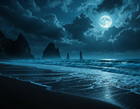 Fantasy landscape with black sand beach and rocks in full moon lightの素材