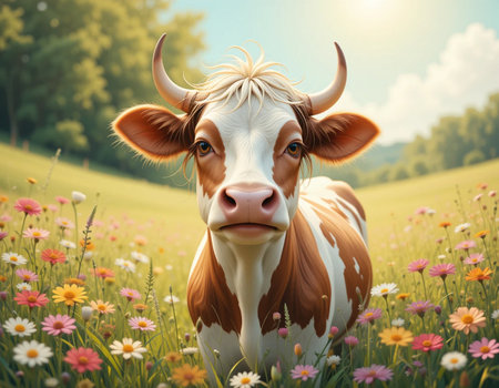 Cow on the meadow with flowers. 3d render illustration.の素材